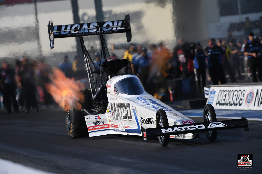 Antron Brown's Top Fuel Dragster launches during the 2022 nhra menard's nationals in topeka, kansas