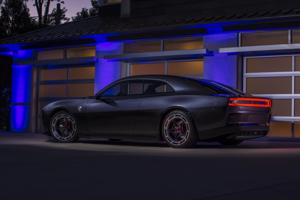 Rear quarter shot at night of the Dodge Charger Daytona SRT Electric Vehicle Concept