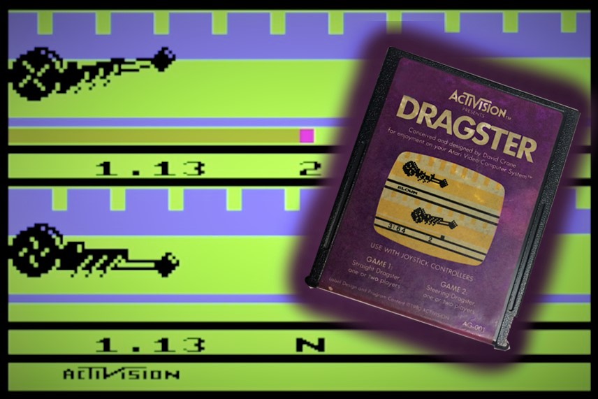 composite image of an activision dragster video game cartridge for the atari 2600 and a screen shot from dragster video game
