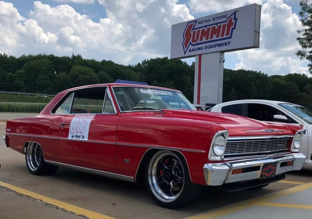 chevy nova in front of summit racing store in akron ohio