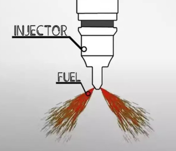 illustration of a diesel fuel injector spraying fuel into an engine