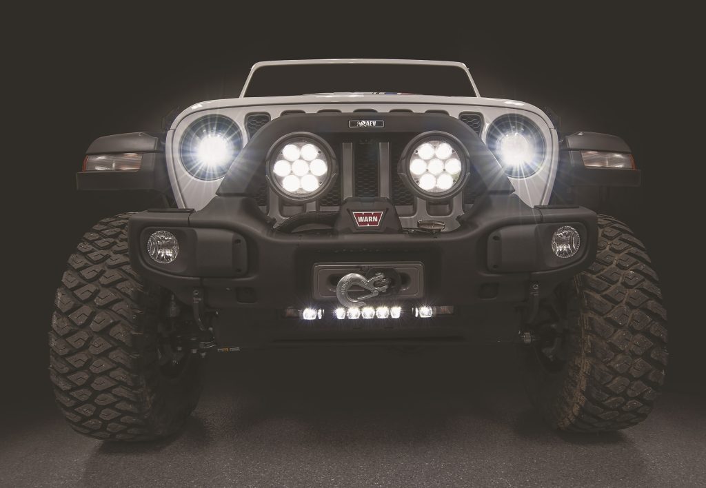 Front end of Jeep Wrangler Rubicon JL with Off Road Bumper & Lights