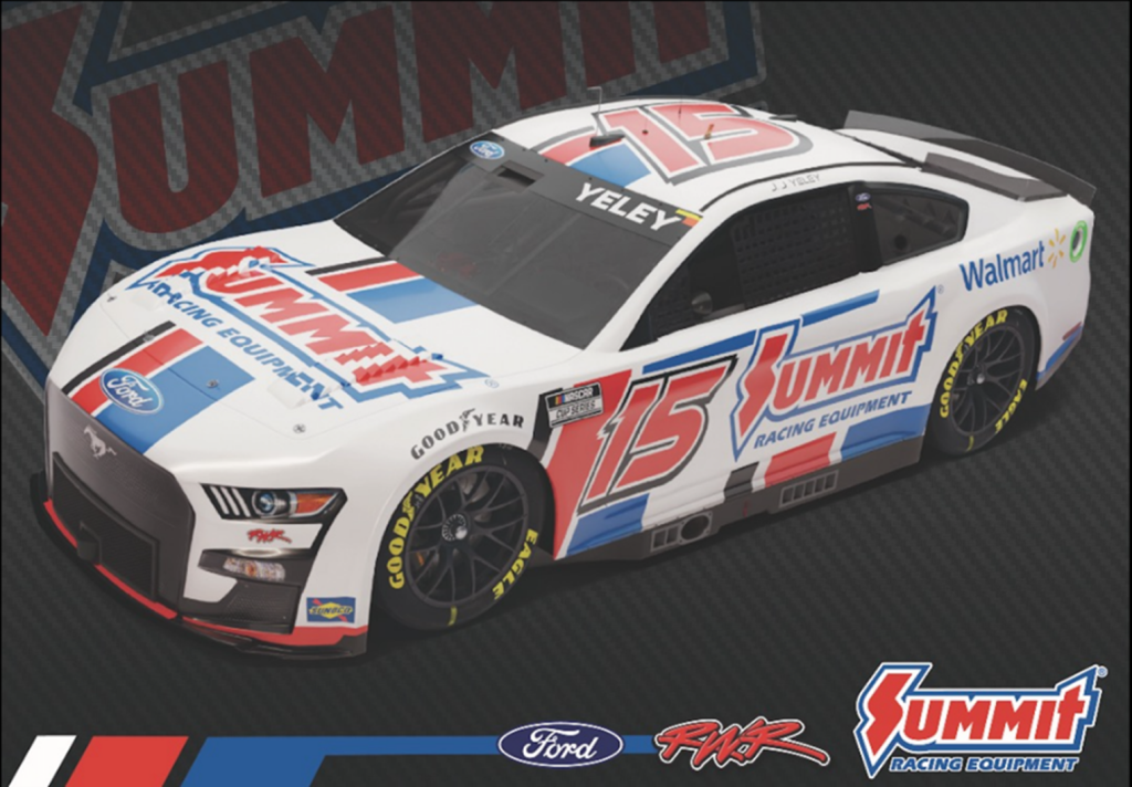 j.j. yeley's #15 Ford Mustang NASCAR race car in summit racing livery