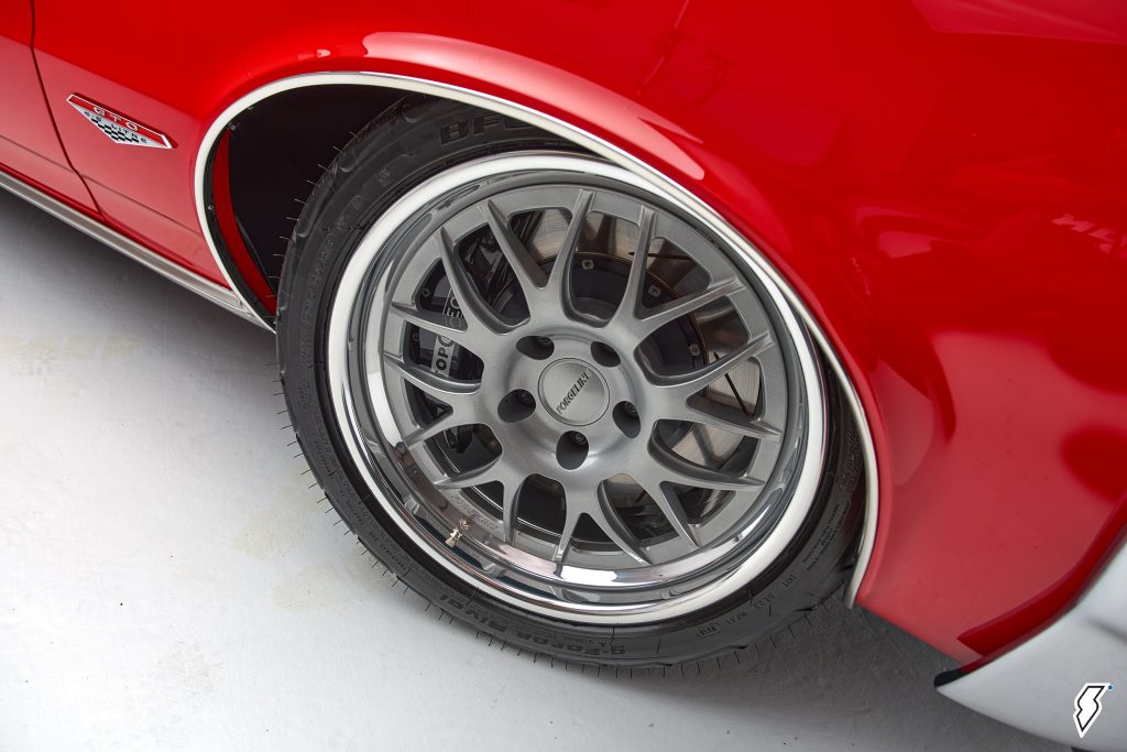 close up of custom-315/30ZR18 wheel and tire combo on 1964 pontiac gto
