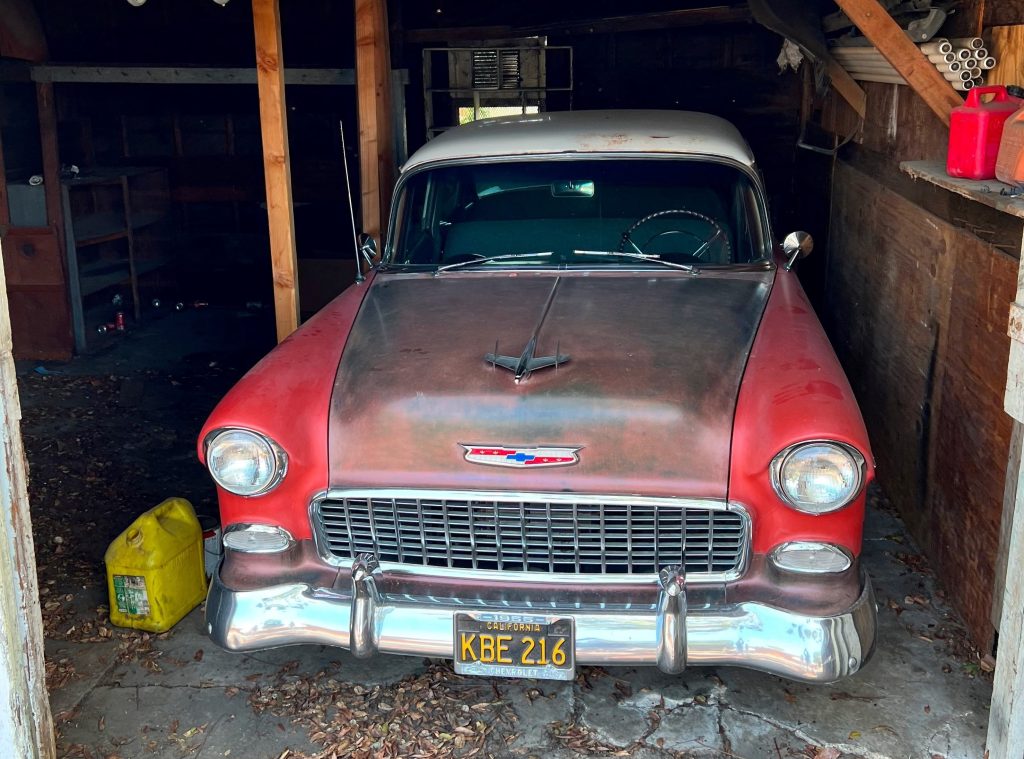 barn find 1955 chevy bel air in garage as found