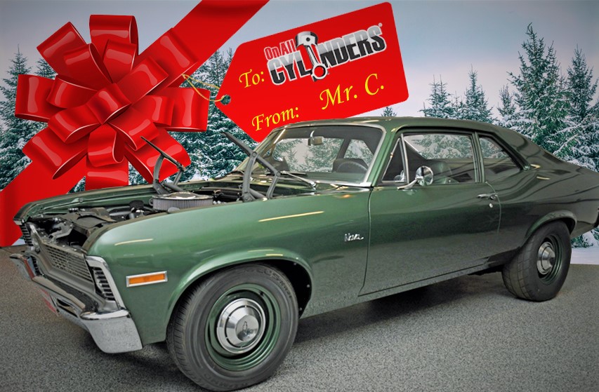 1970 chevy nova Christmas present with bow and snowscape