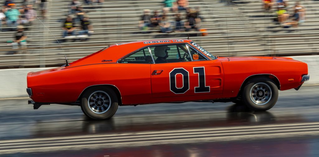 side profile view of a general lee 1969 dodge charger on dragstrip