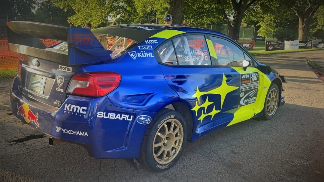 Subaru WRX Rally Car in WRC Livery at beginning of a stage
