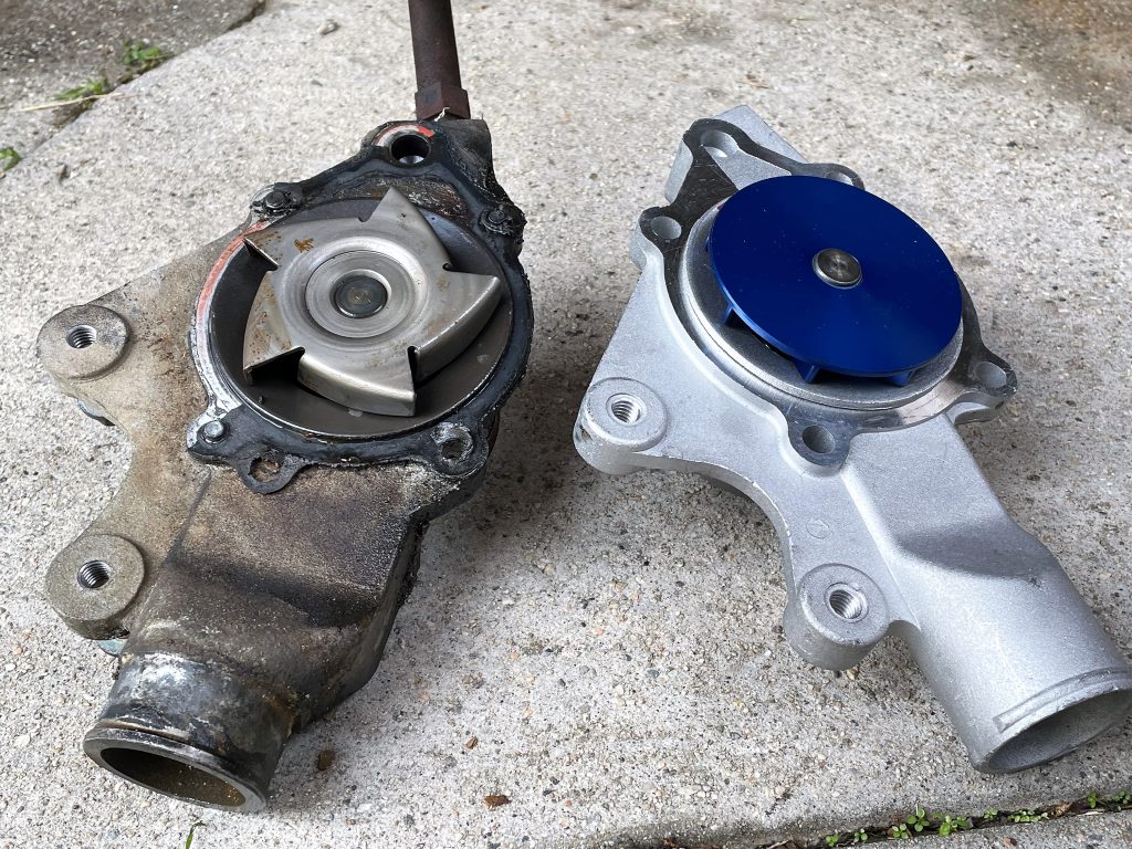 flowkooler and stock jeep 4 liter water pump side by side comparison