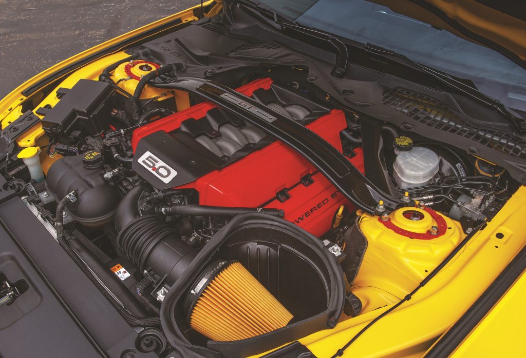 Engine bay of a 2015 Ford Mustang GT 5.0L Coyote V8