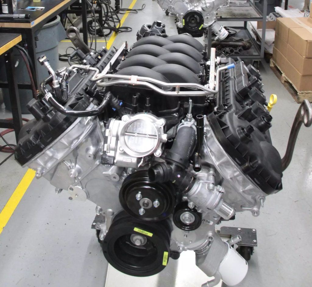 Gen 3 Coyote V8 Mustang engine on assembly line
