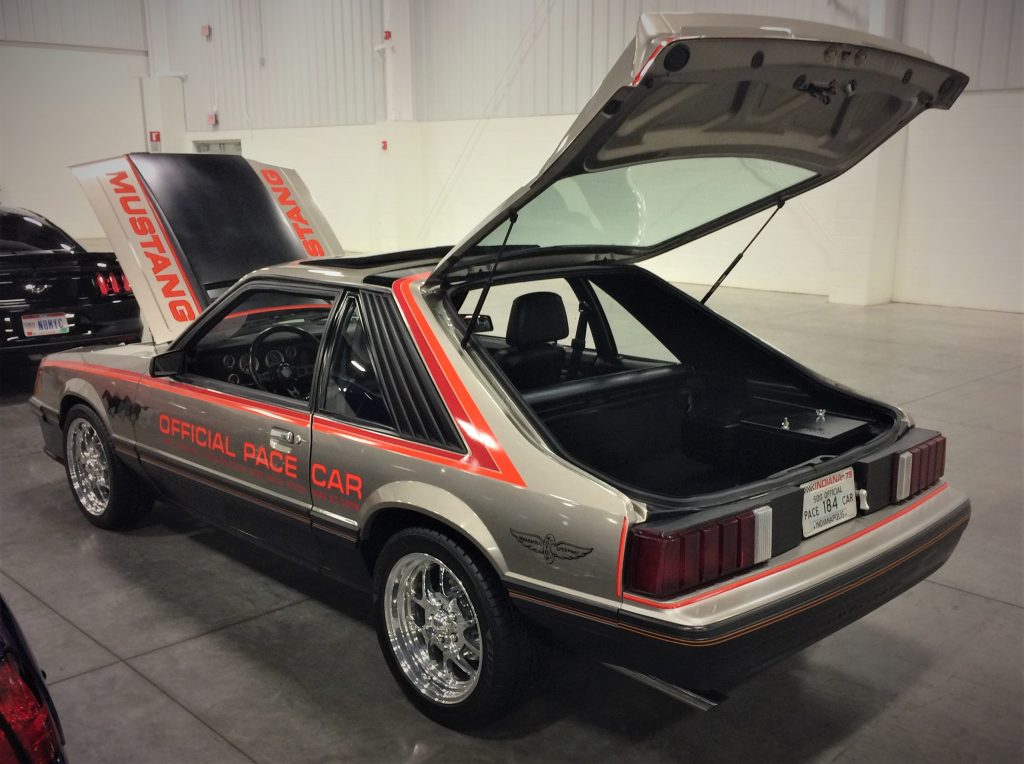 rear shot of a 1979 ford mustang pace car edition with rear hatchback open