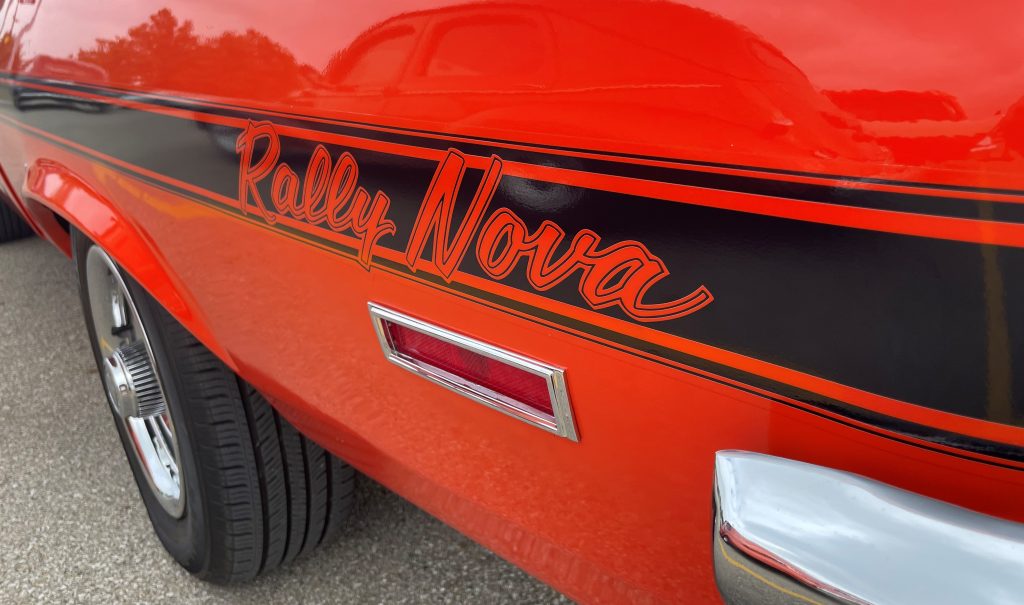 rear rally nova sticker stripe on the rear fender of a 1971 chevy