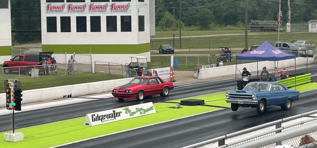 ford fairlane and foxbody mustang on dragstrip at edgewater motorsports park 2023