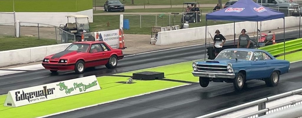 ford fairlane and foxbody mustang on dragstrip at edgewater motorsports park 2023 croped