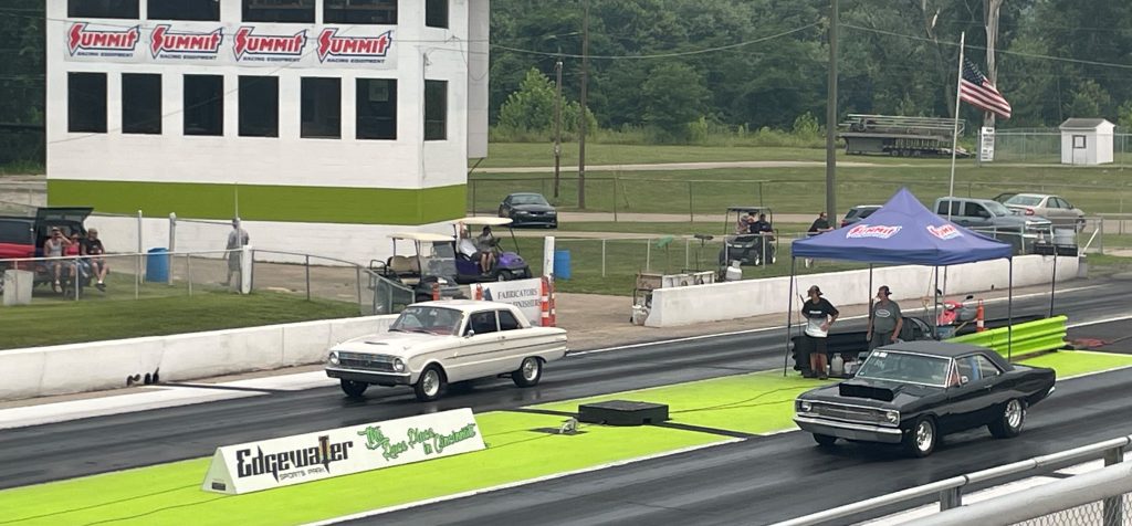 vintage dodge dart and ford falcon drag racing at edgewater motorsports park, 2023