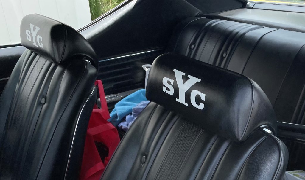 close up of ysc logo on yenko chevelle headrests