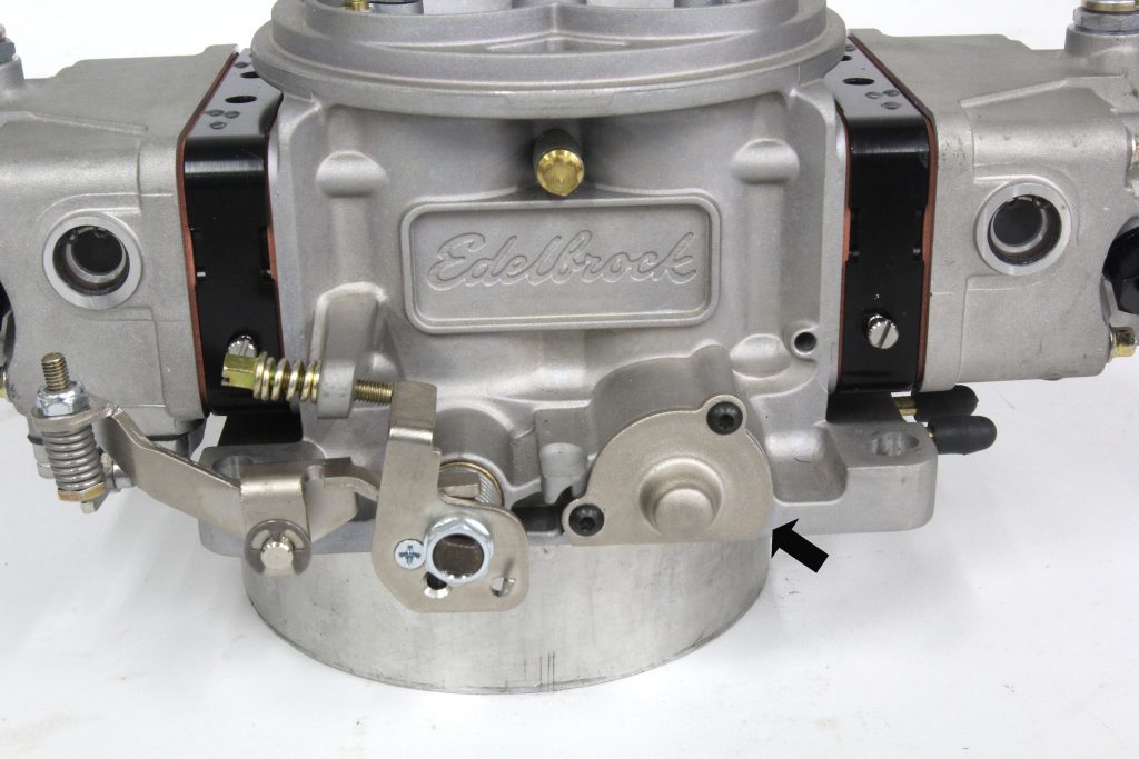 close up of throttle side of a Edelbrock VRS-4150 carburetor