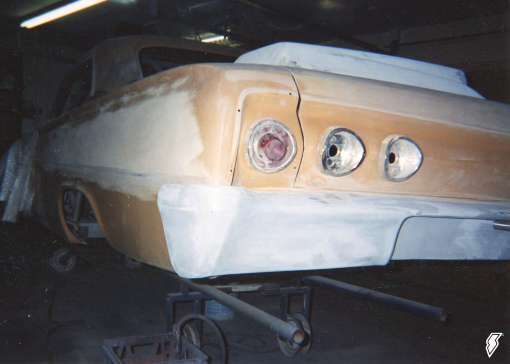 rear bumper in primer on 1962 chevy impala restoration