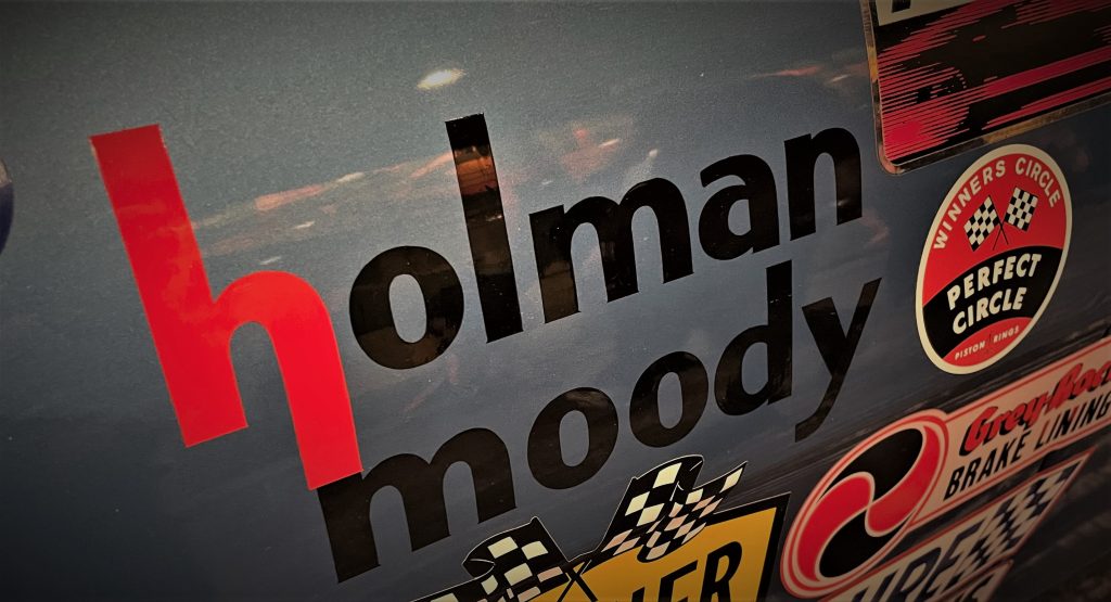 close up of holman moody logo on a vintage ford torino talladega