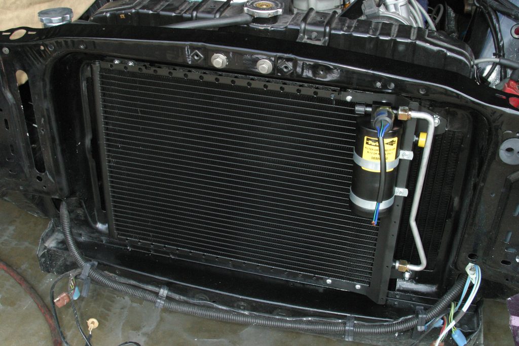 vintage air A/C condenser installed on an old ford mustang