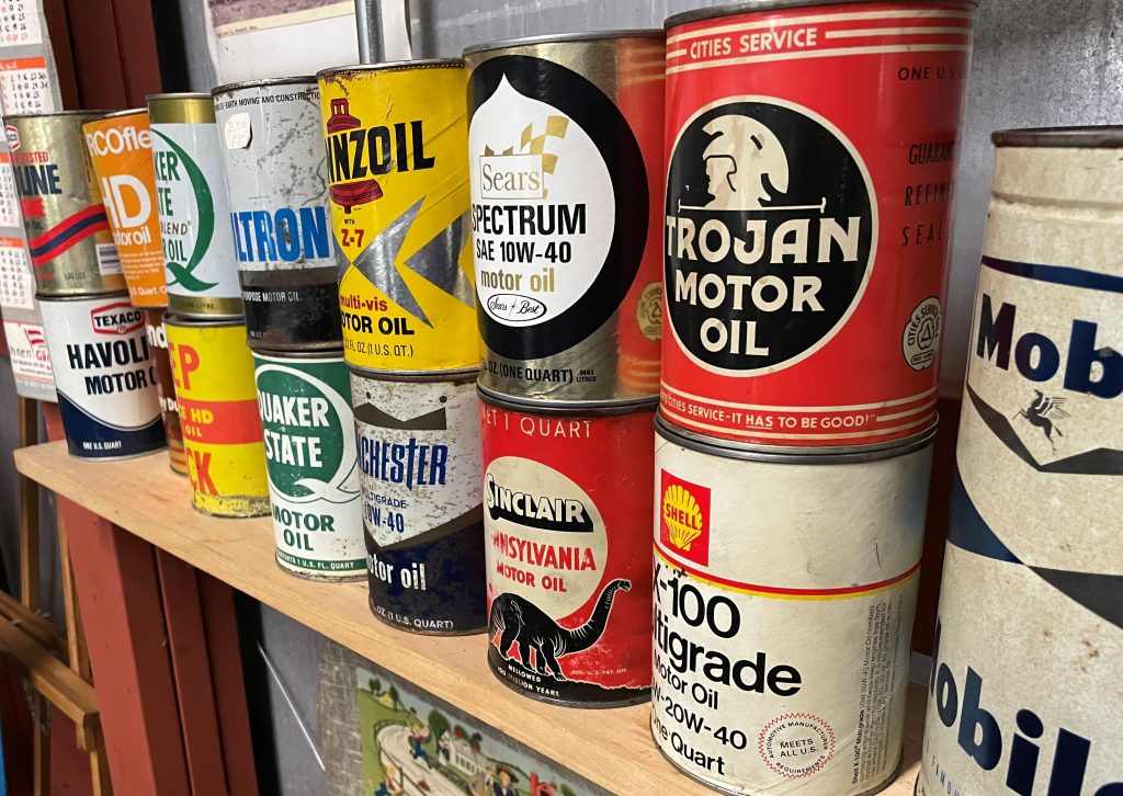 close up of vintage oil cans