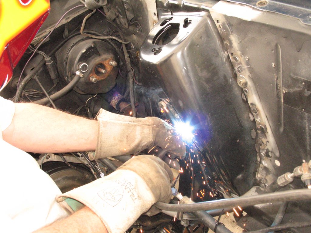 welding in a replacement ford mustang shock tower
