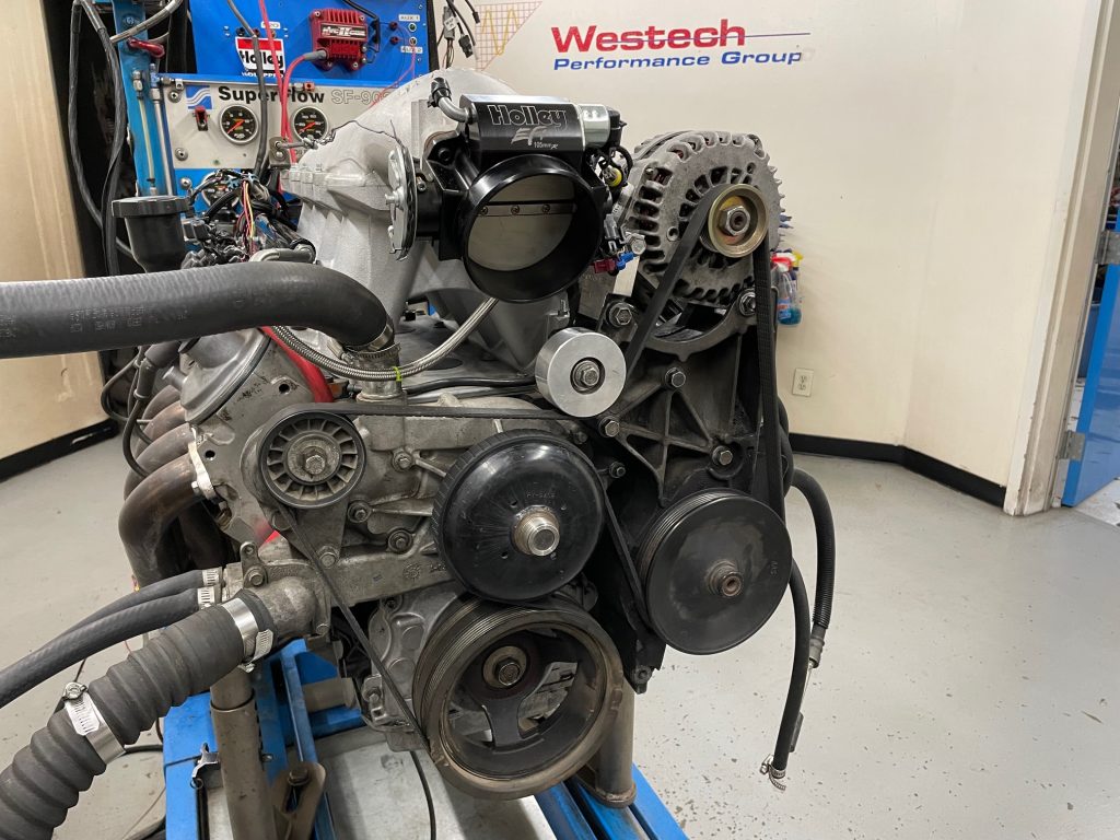 front of an engine attached to a dyno