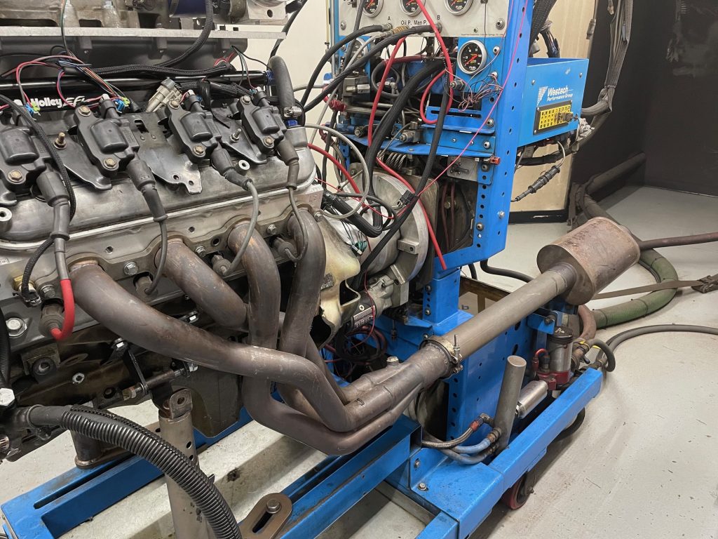 exhaust headers on an ls engine on a dyno