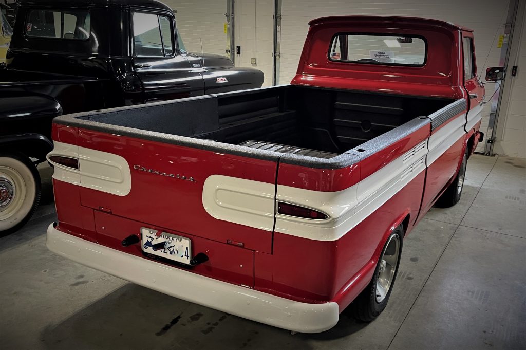 rear tailgate view of a 1962 corvair rampside pickup truck