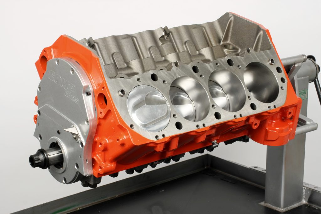 assembled bottom end engine block on stand