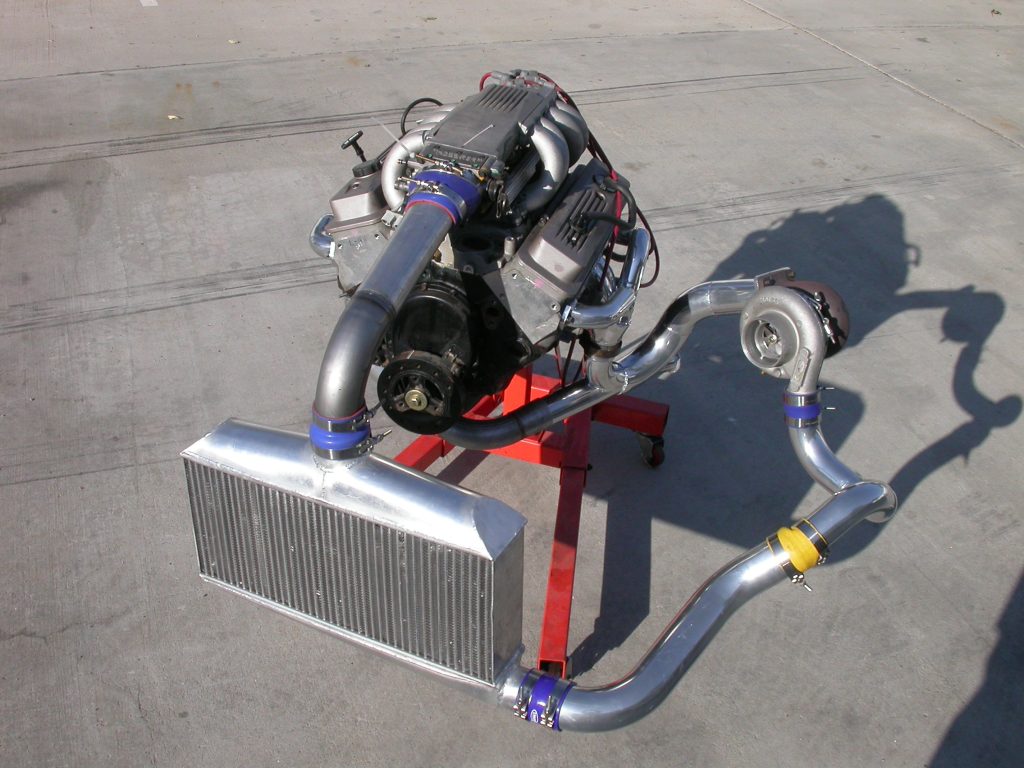 engine on stand with turbo system attached