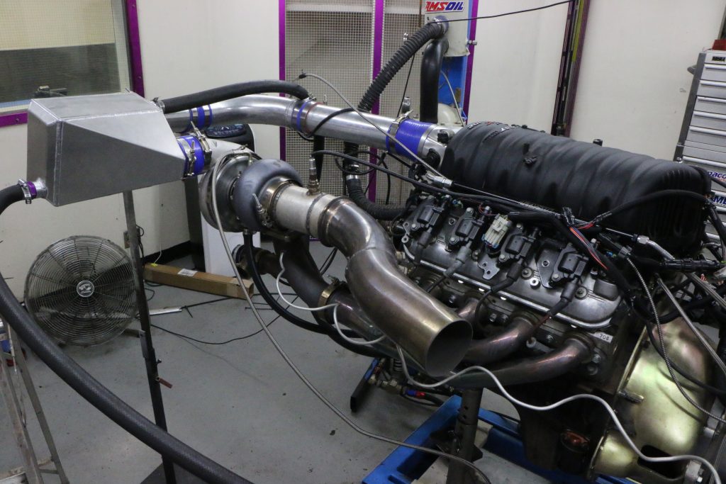 turbo plumbing on an engine dyno