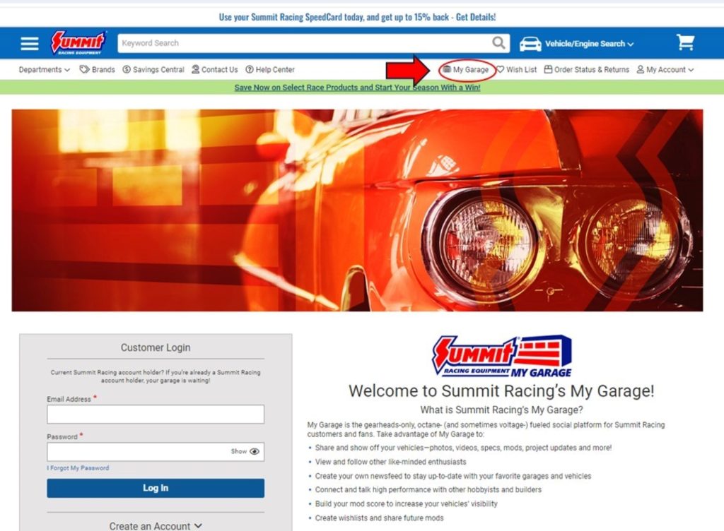 Screenshot of Summit Racing MyGarage login screen