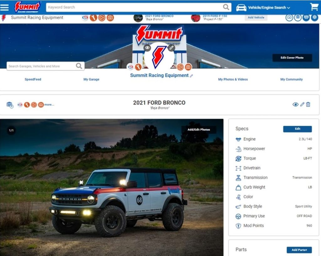 Screenshot of Summit Racing MyGarage homepage