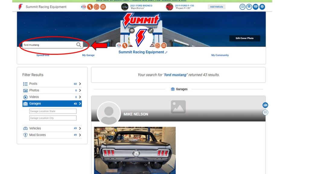 Screenshot of Summit Racing MyGarage search bar