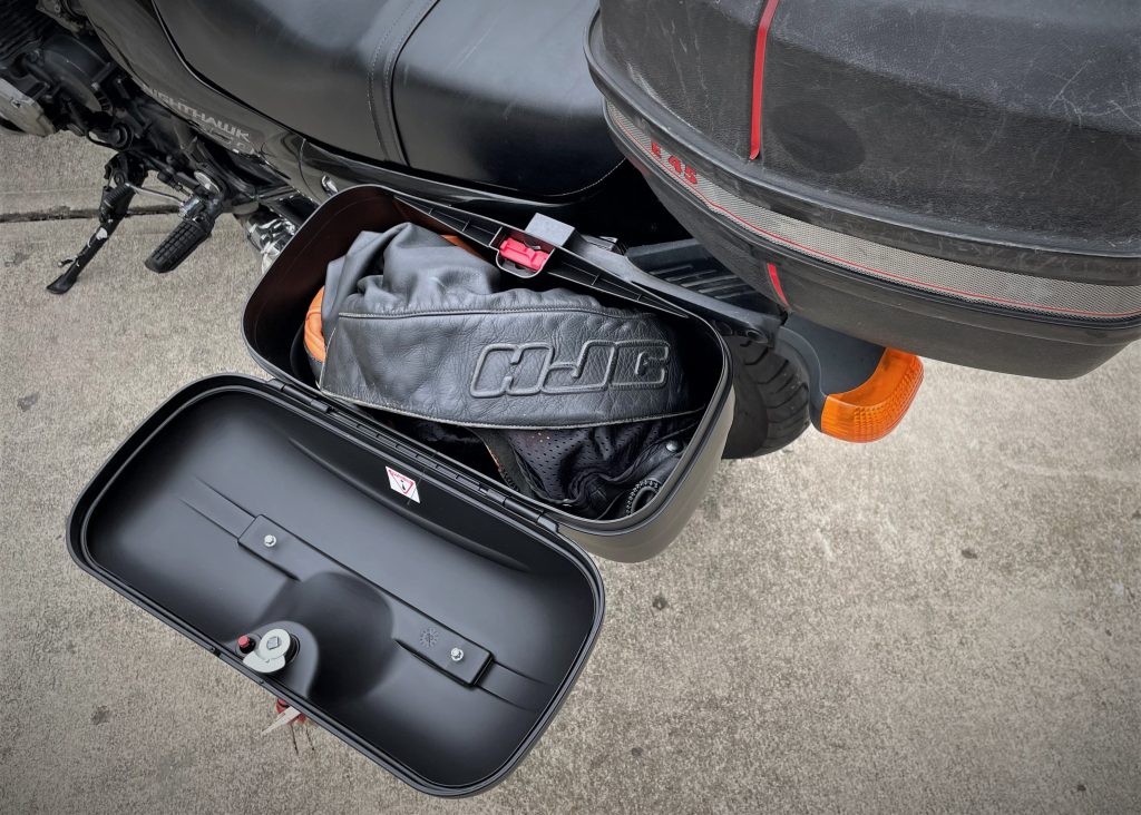 motorcycle side case filled with jacket