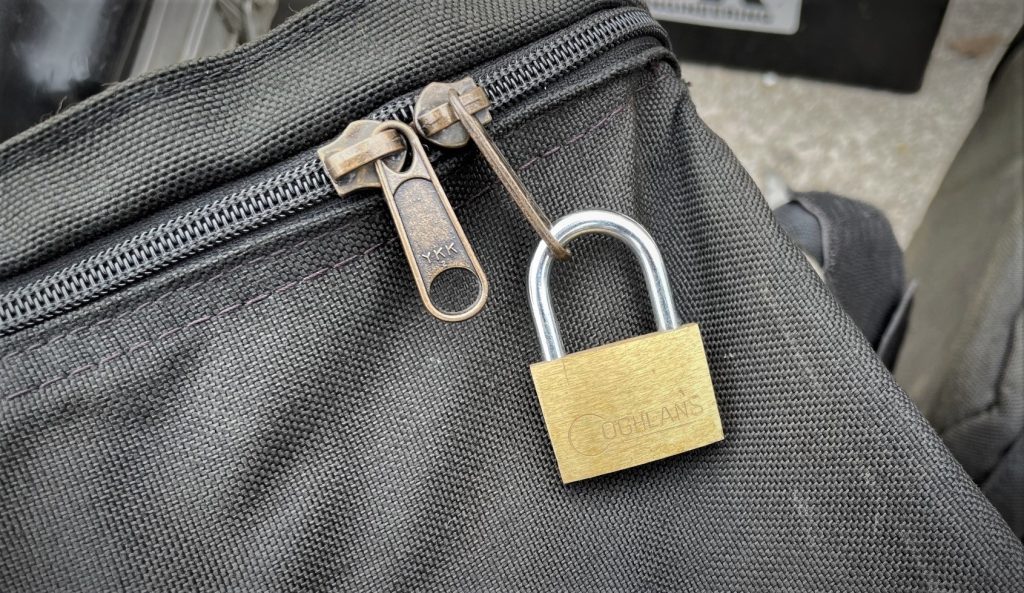 padlock on a saddlebag zipper