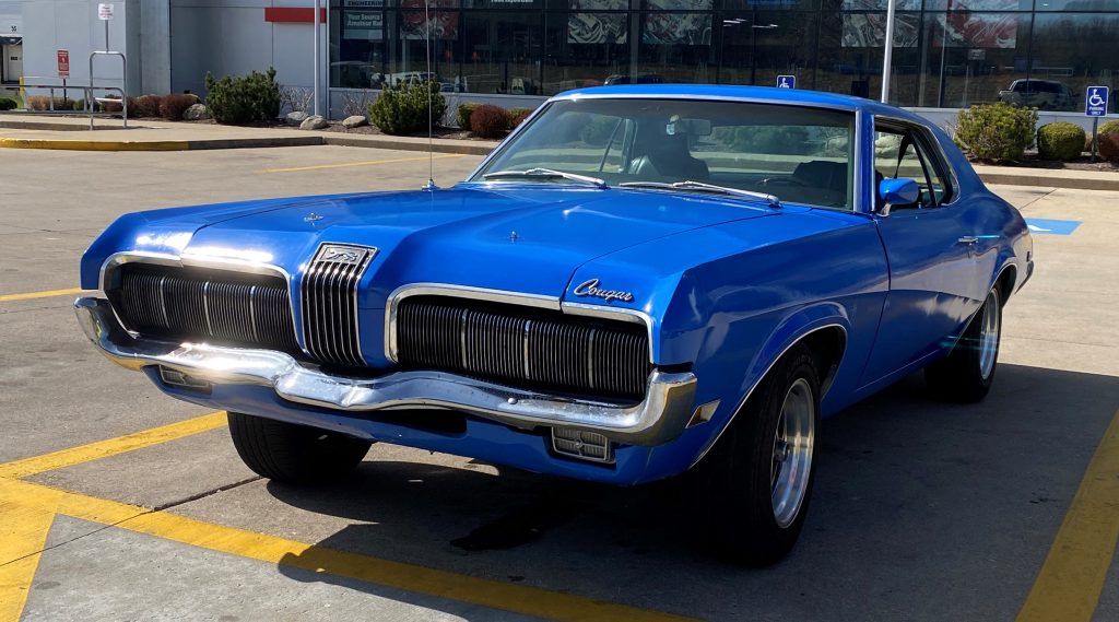 blue 1970 mercury cougar front grille shot