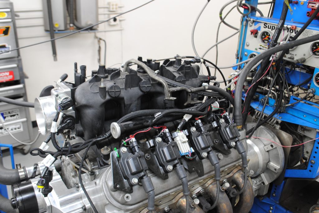 top of an ls engine on a dyno pull