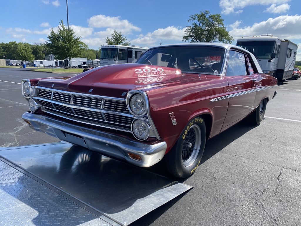 1967 Ford Fairlane drag car loading onto a trailer