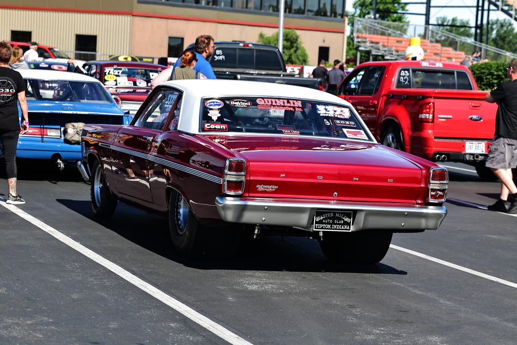 1967 Ford Fairlane drag car in staging lanes