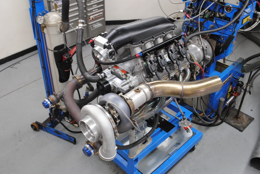 a turbocharged LS engine on a dyno test pull