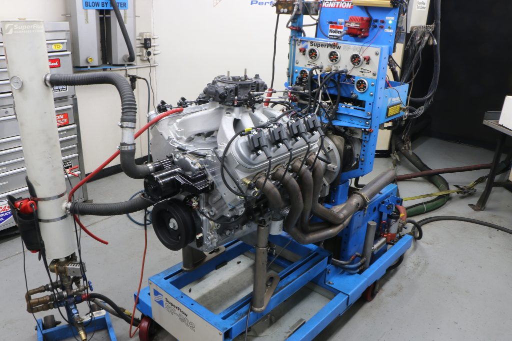 ls crate engine on dyno for test run
