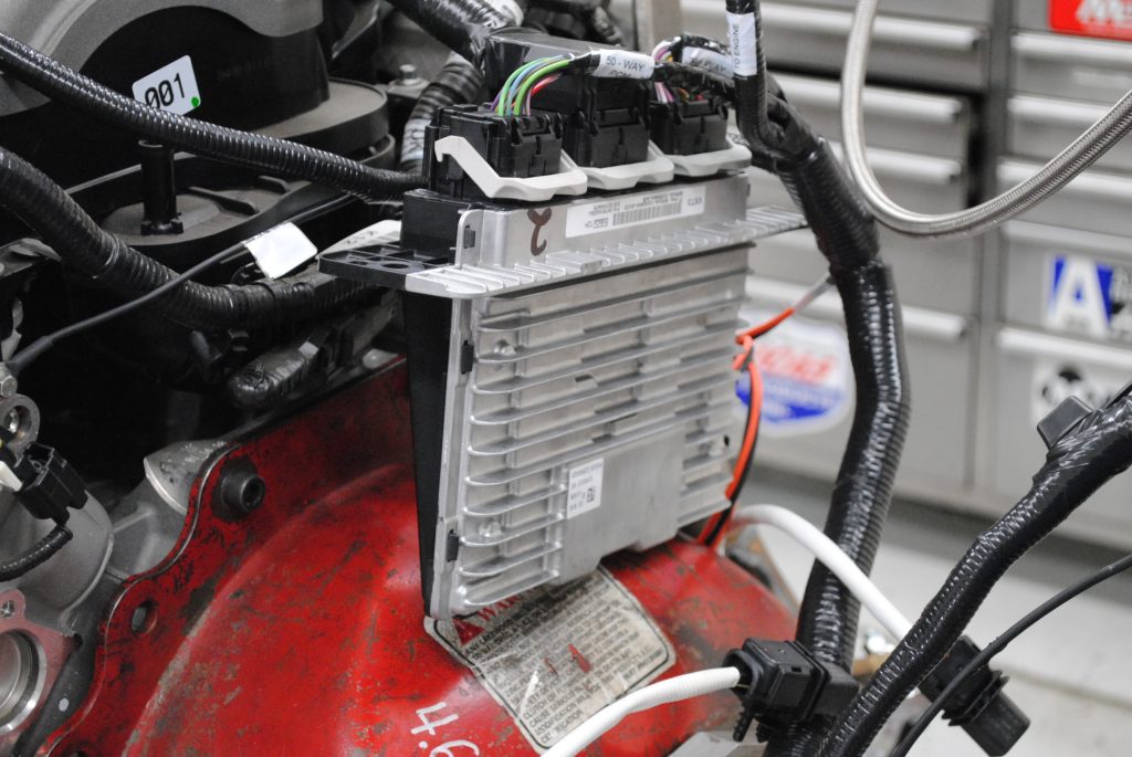 ford ECU for a coyote V8 mounted on dyno