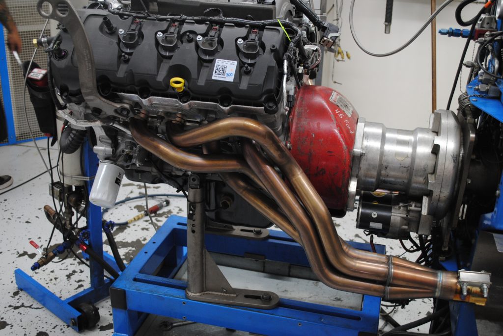 long tube headers on a Ford Coyote 5.0L dyno run