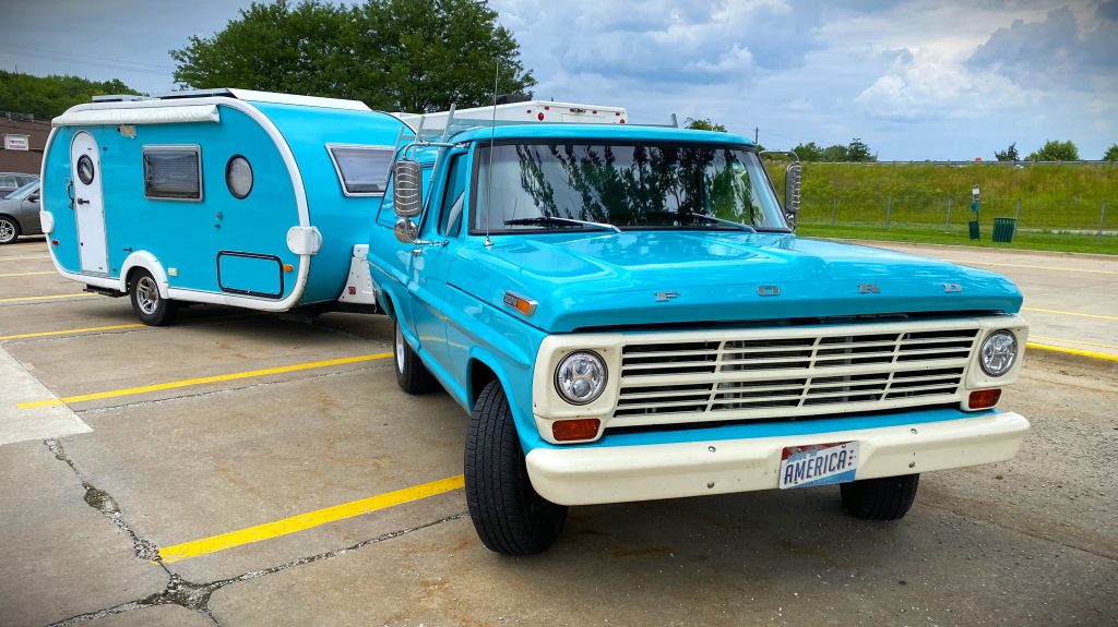 vintage ford truck & matching camper trailer, front