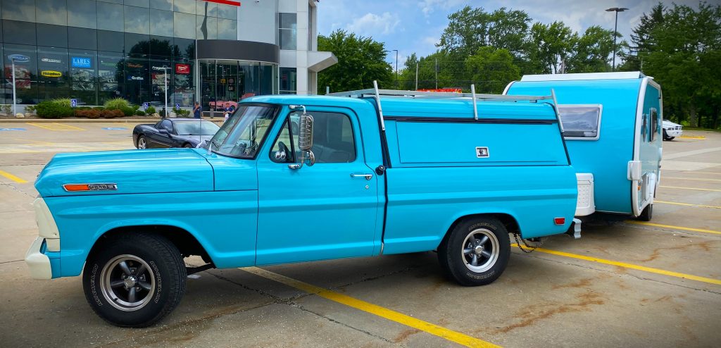 vintage ford truck & matching camper trailer, side