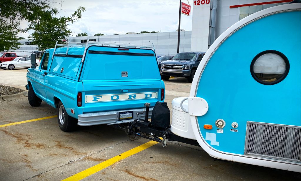 vintage ford truck & matching camper trailer, tailgate