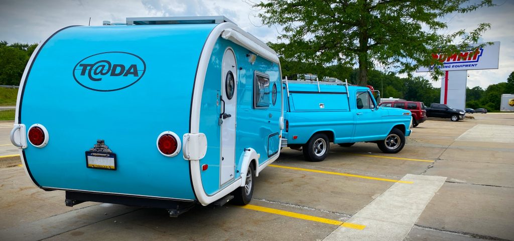 vintage ford truck & matching camper trailer, rear